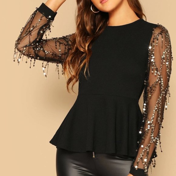 3/$25💦 BLING Sequin Mesh Sleeve Peplum Top Blouse - Picture 8 of 9